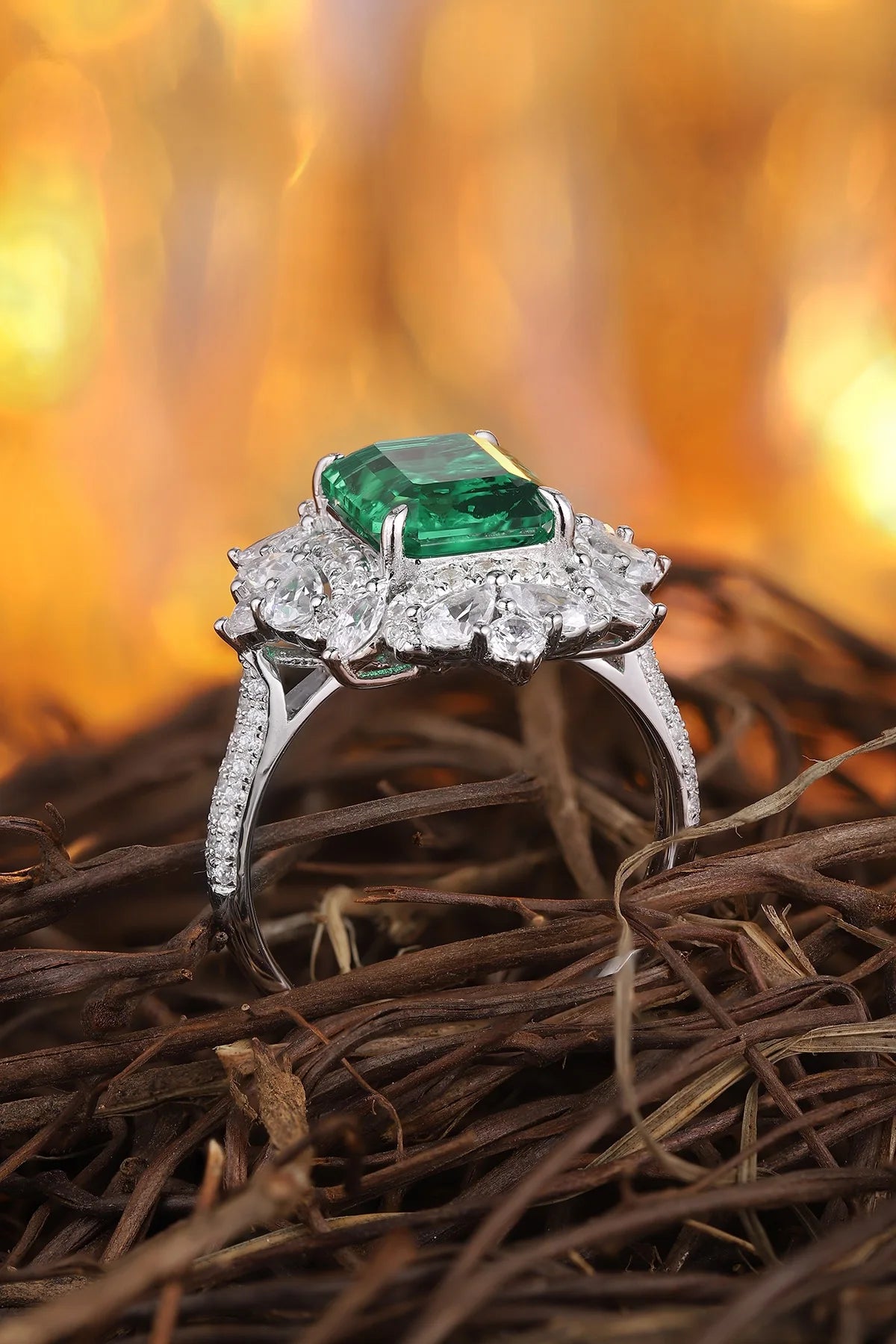 Gemfiori Anster 925 Sterling Silver High Quality Gemstone 3.2ct Lab Created Zambia Emerald Cut Ring Jewelry