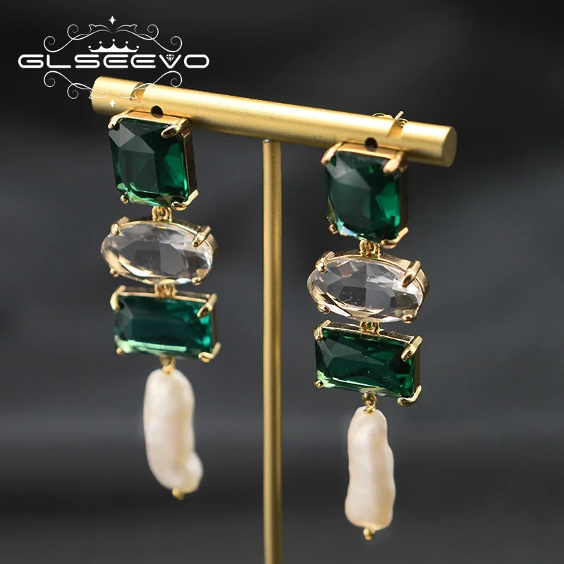 Long Natural Baroque Pearl Emerald Crystal Drop Earrings for Wife Girlfriend Birthday Gifts Fashion Designer Luxury Jewelry