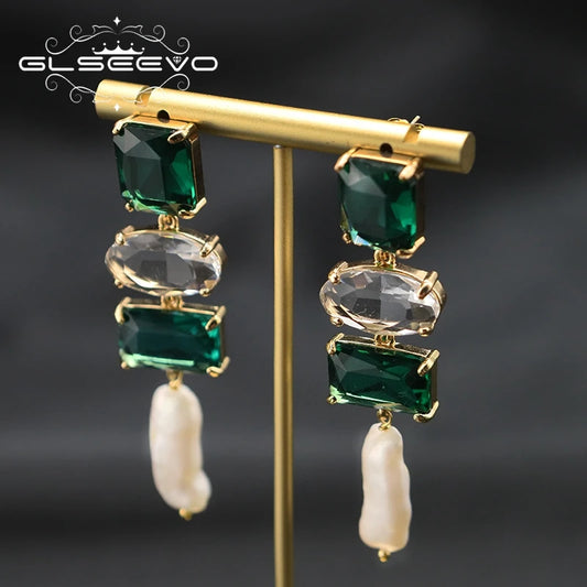 Long Natural Baroque Pearl Emerald Crystal Drop Earrings for Wife Girlfriend Birthday Gifts Fashion Designer Luxury Jewelry