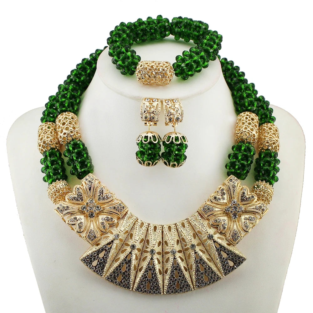 Zhuerrui Luxurious Nigerian Traditional Red Bead Necklace and Earring Set Gold-Plated African Bridal Wedding Jewelry YL167