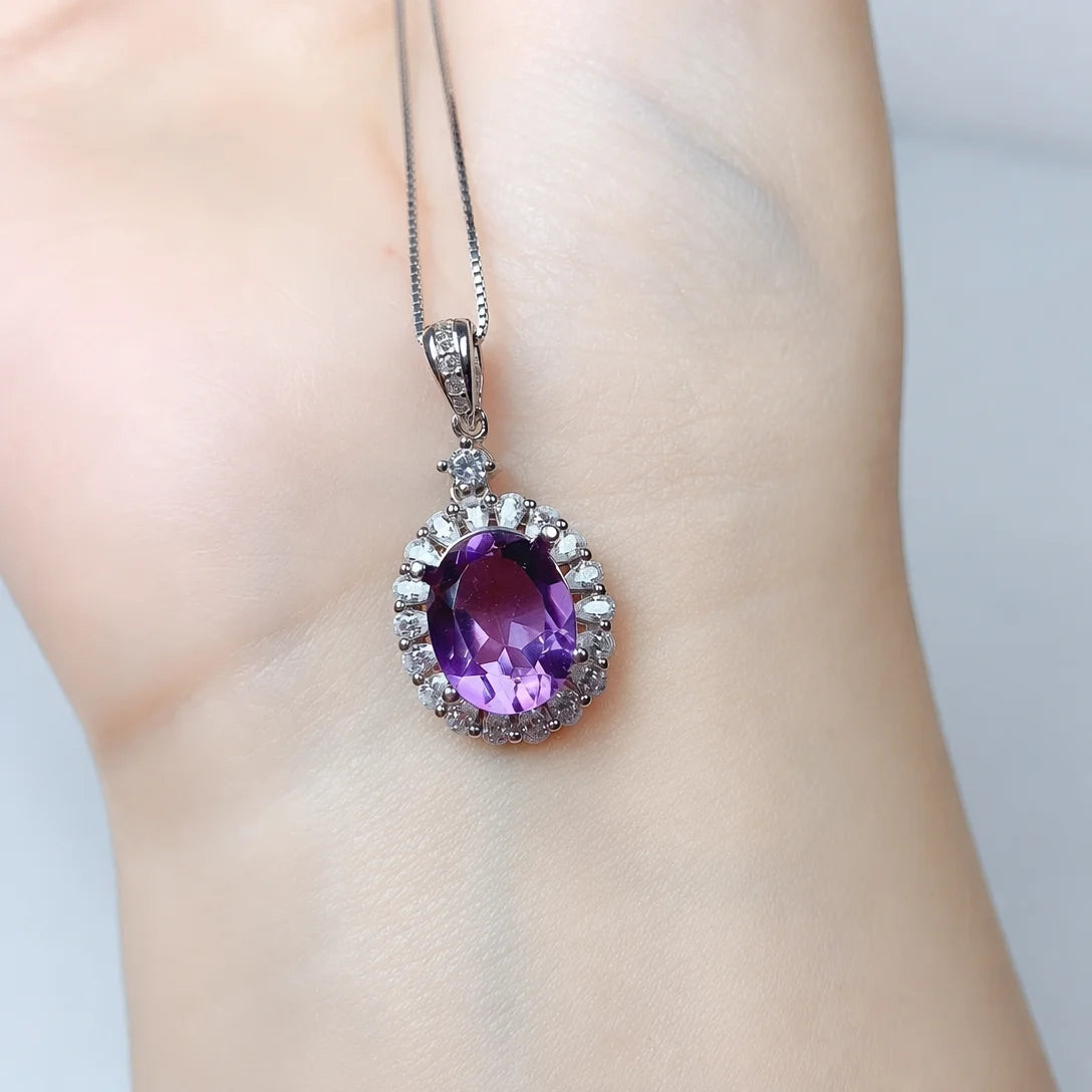 ArtistA Natural Amethyst Jewelry Set with 925 Sterling Silver for Women Oval Shape Purple Gemstone Ring Pendant Earrings Fine Jewelry