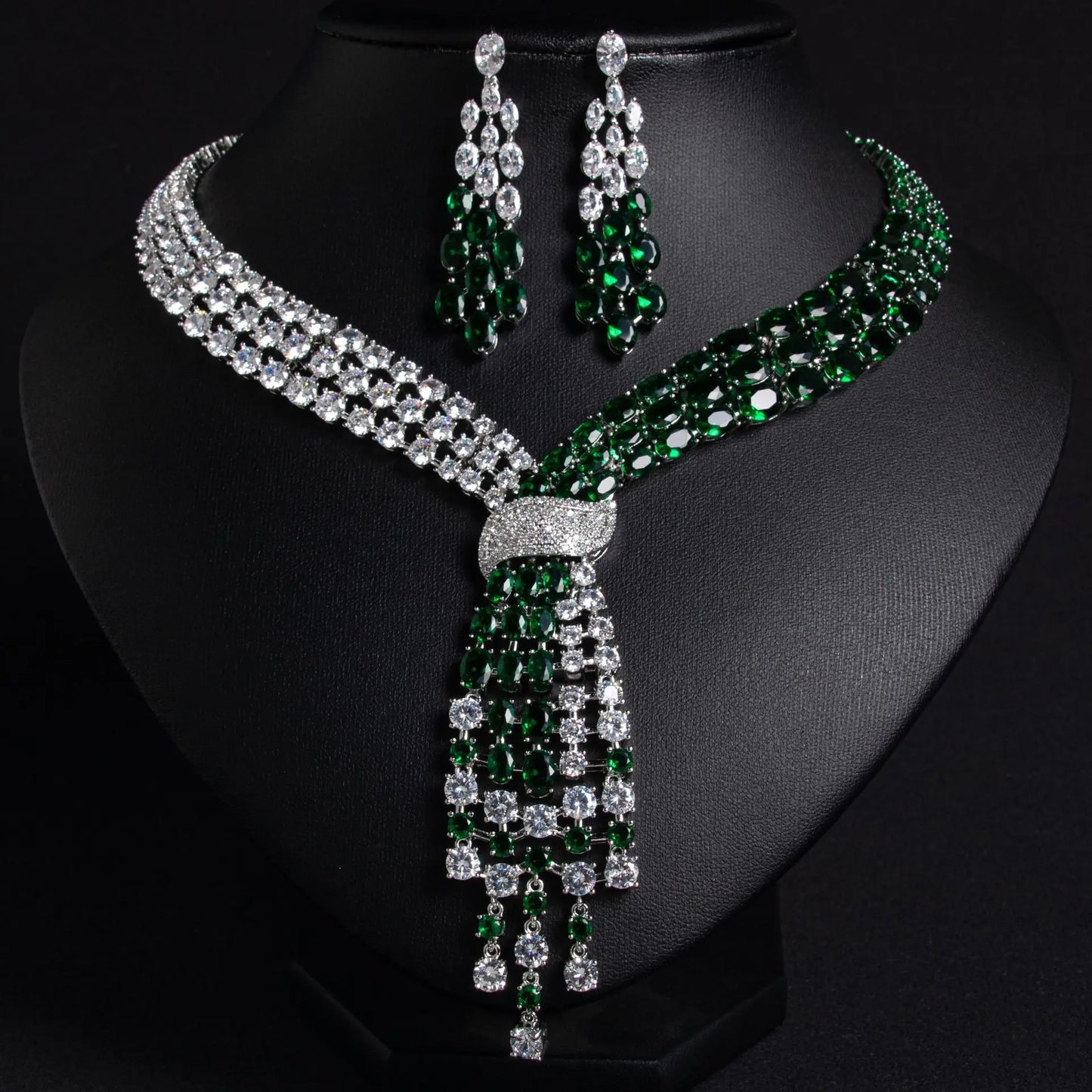 Luxury Oval-Cut Zirconia Dubai & Moroccan Tassel Statement Necklace & Earrings Bridal Set — Gold & Rhodium Plated