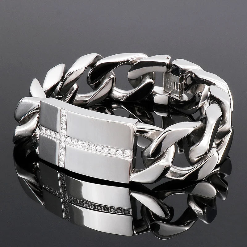 KALEN 220mm Stainless Steel Cuban Link Bracelet With Cross/Infinity Mark Zircon Patterns