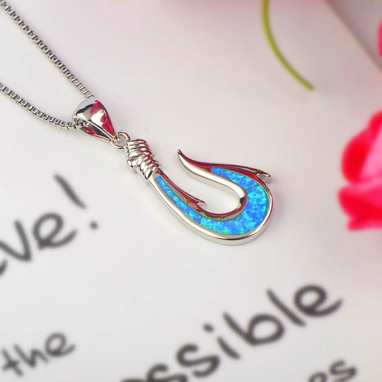 Aobao Christian Ocean-style Versatile Silver Plated Copper Alloy Link Chain Anchor Clavicle Featuring Blue Fishhook Pendant Opal