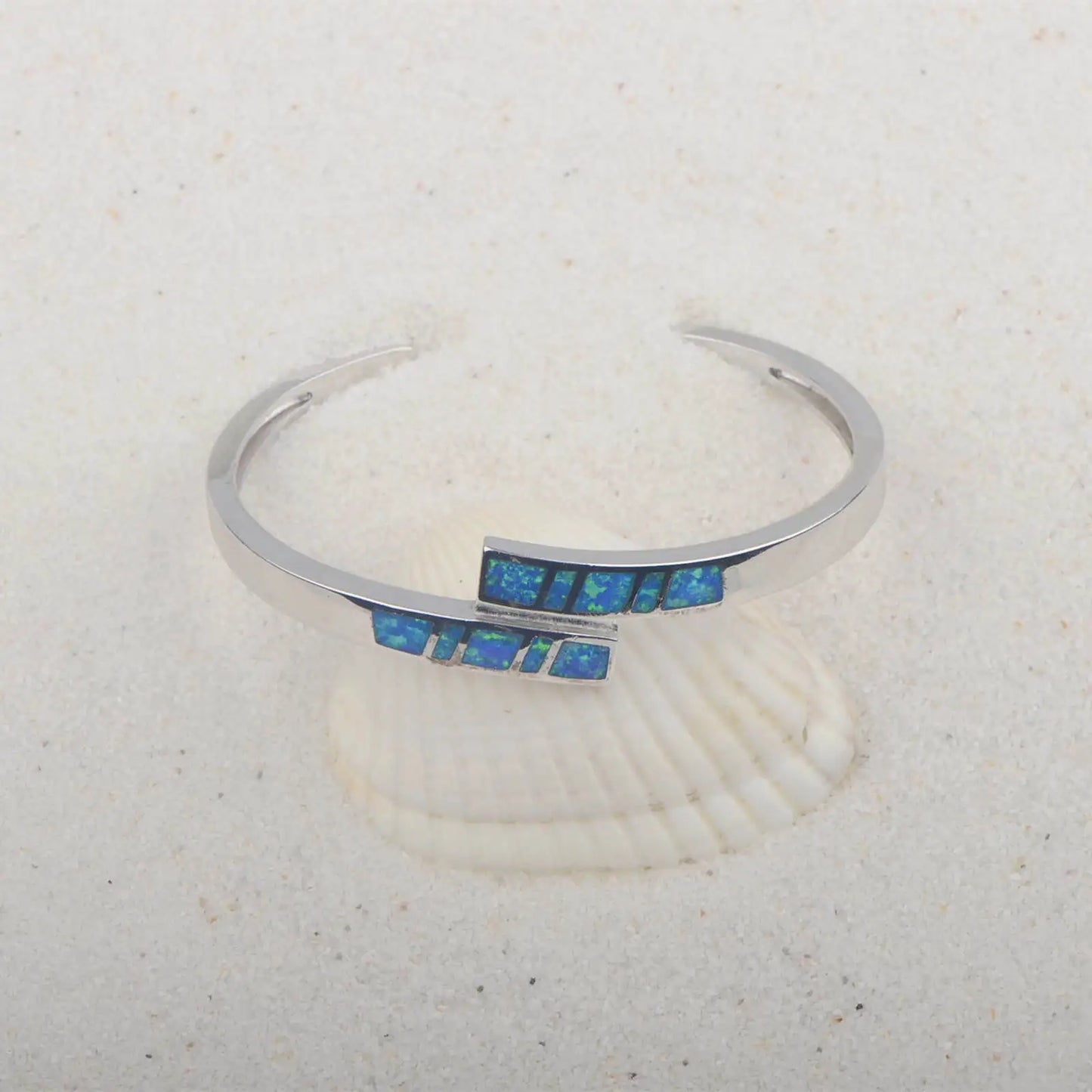 Blue Opal Beaded Brass Bangle Aobao Geometric Inlaid Silver Plated Christian Fashion Jewelry for Anniversary