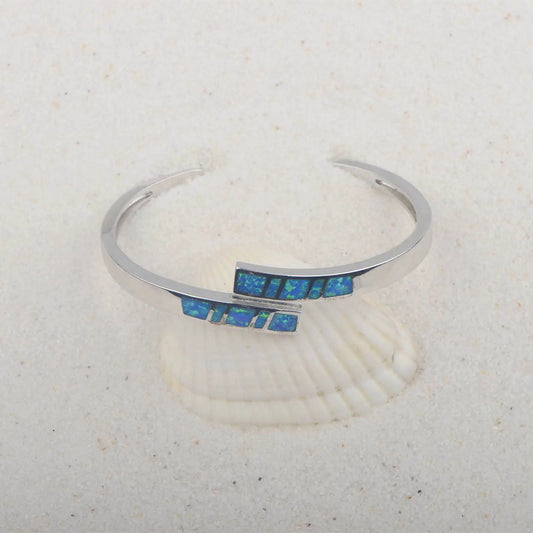 Blue Opal Beaded Brass Bangle Aobao Geometric Inlaid Silver Plated Christian Fashion Jewelry for Anniversary
