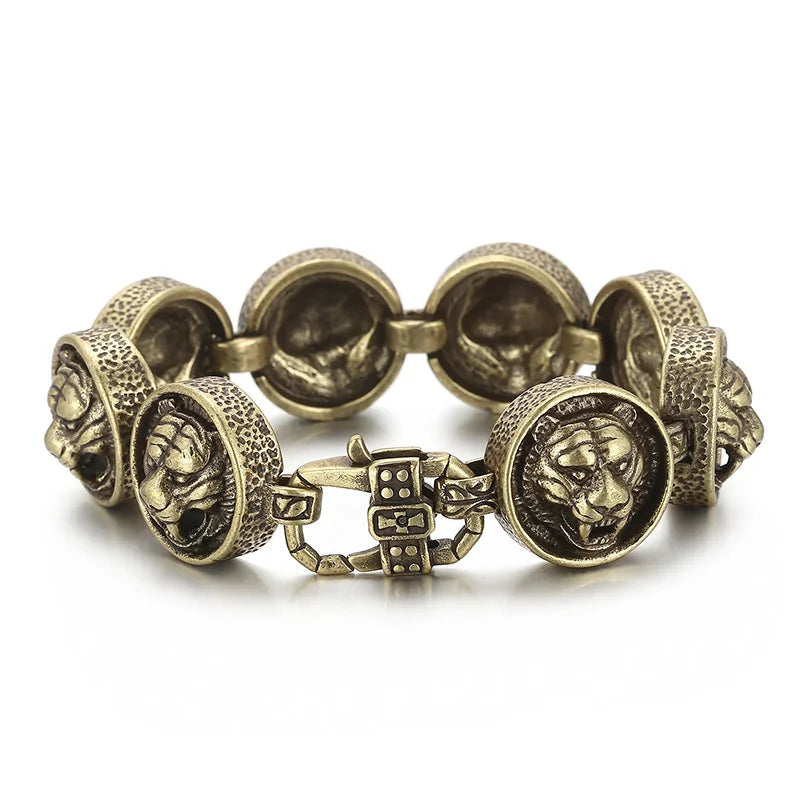 REBEL 225mm Punk Brass Stainless Steel Round Link Bracelets With Tiger Patterns