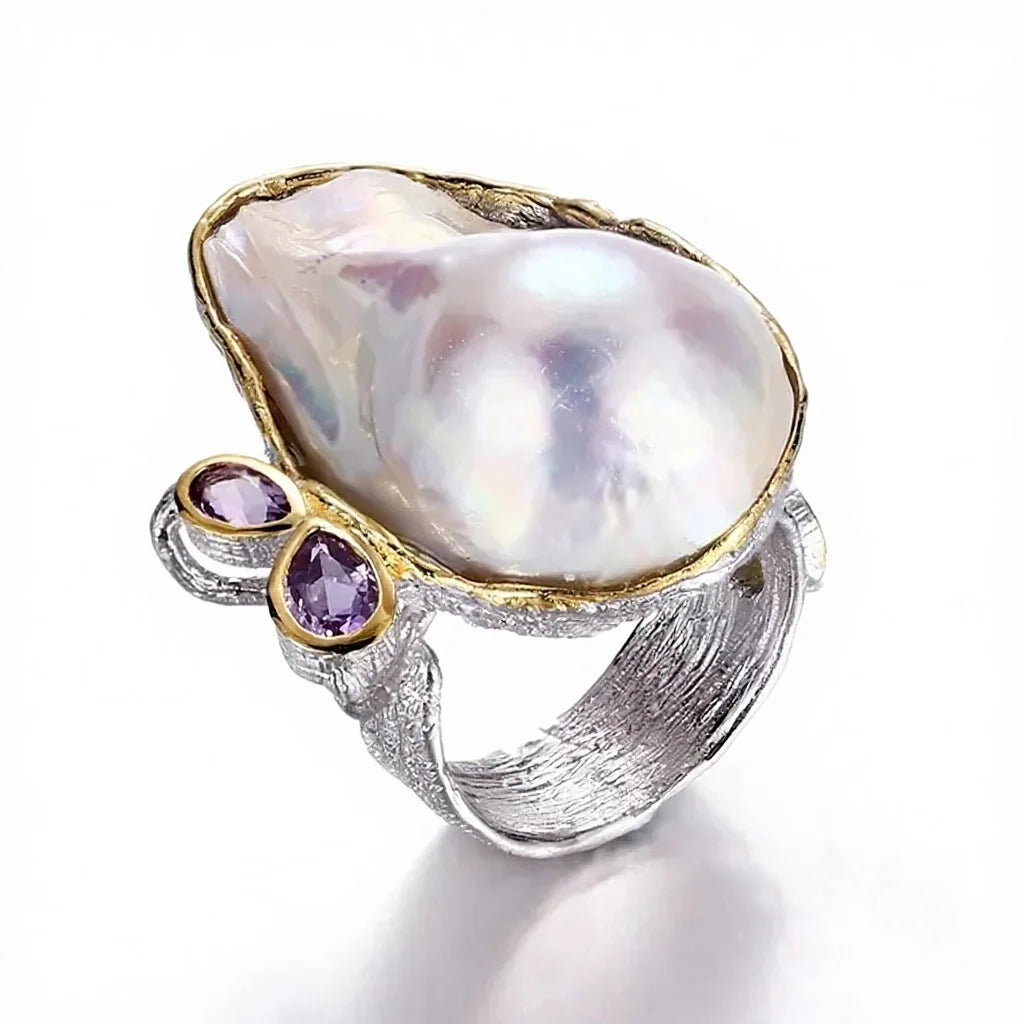 Natural Freshwater Baroque Pearl 925 Sterling Silver Rings