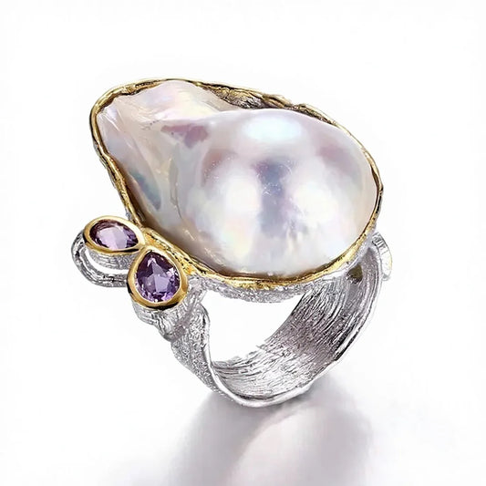 Natural Freshwater Baroque Pearl 925 Sterling Silver Rings