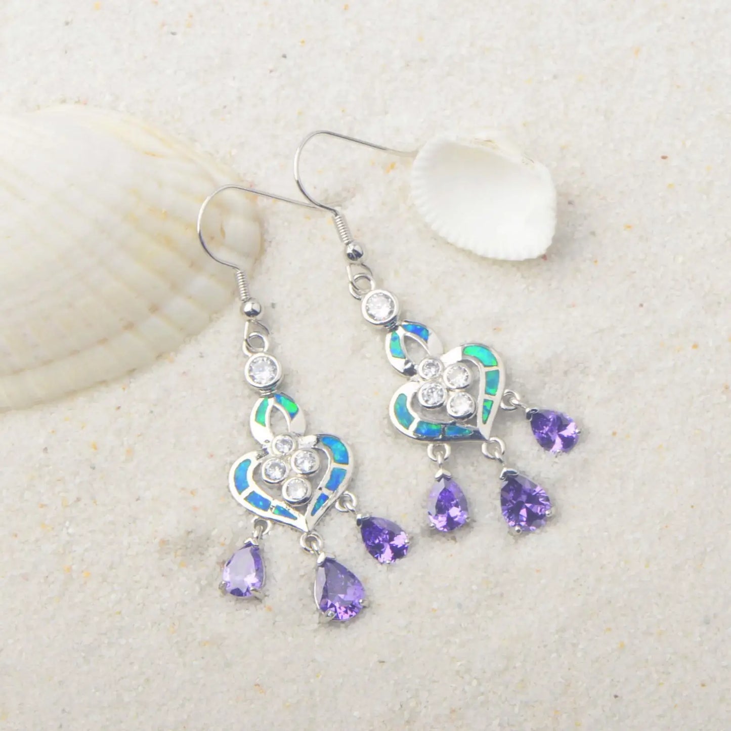 Ornate Heart Opal & Amethyst Drop Earrings - Blue Opal Inlay & Purple Gem Tassels | Glam Party Jewelry Bulk Gifts