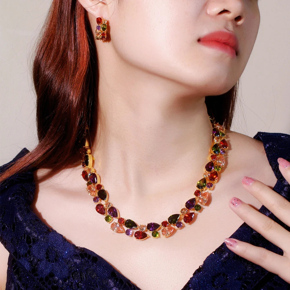 Super Gorgeous Gold Plated Cubic Zircon Necklace and Earrings Mona Lisa Colorful Wedding Jewelry Set for Women Party