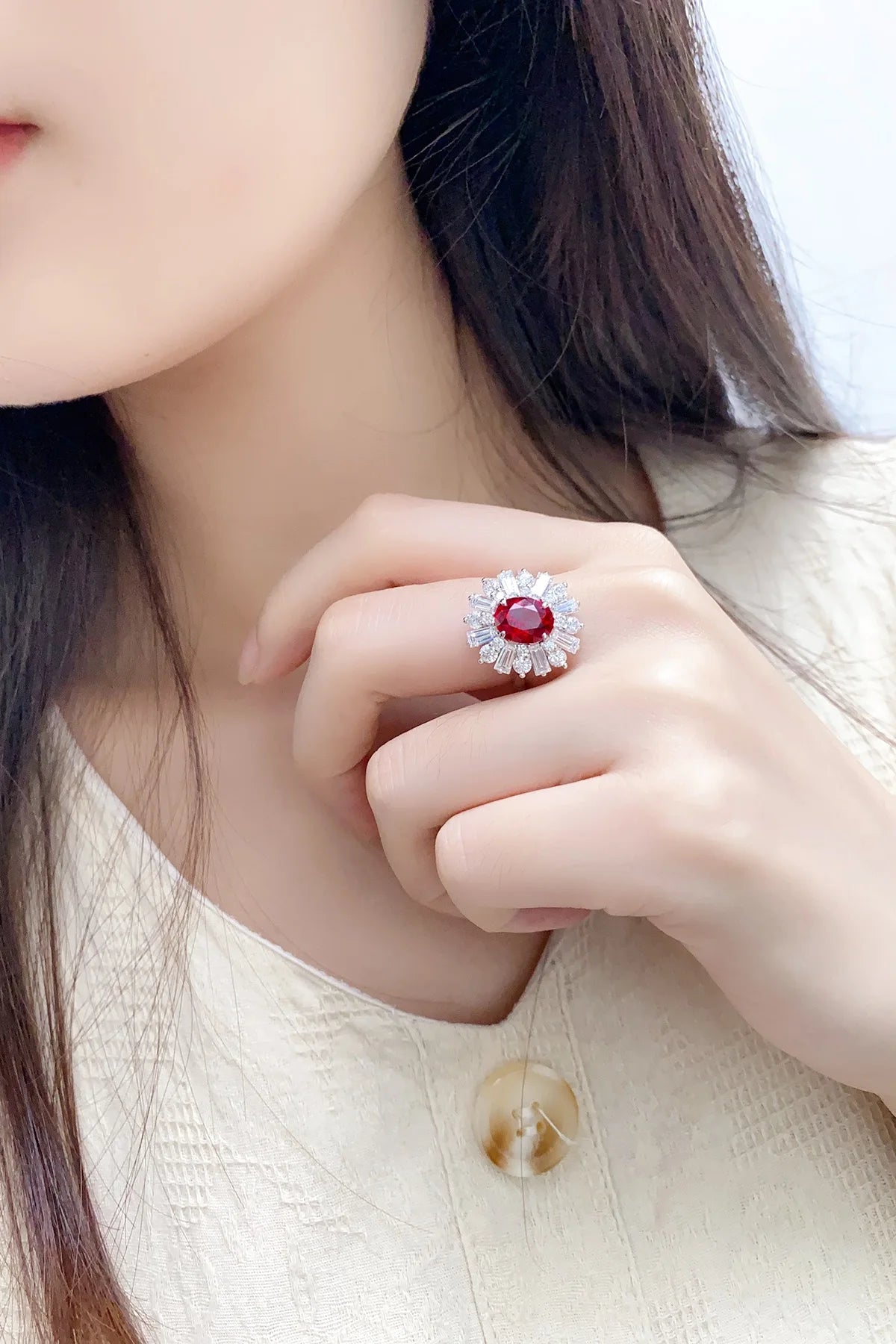 Gemfiori Anster Lab Created Ruby Women Ring S925 Sterling Silver Lab Made Diamonds and Ring
