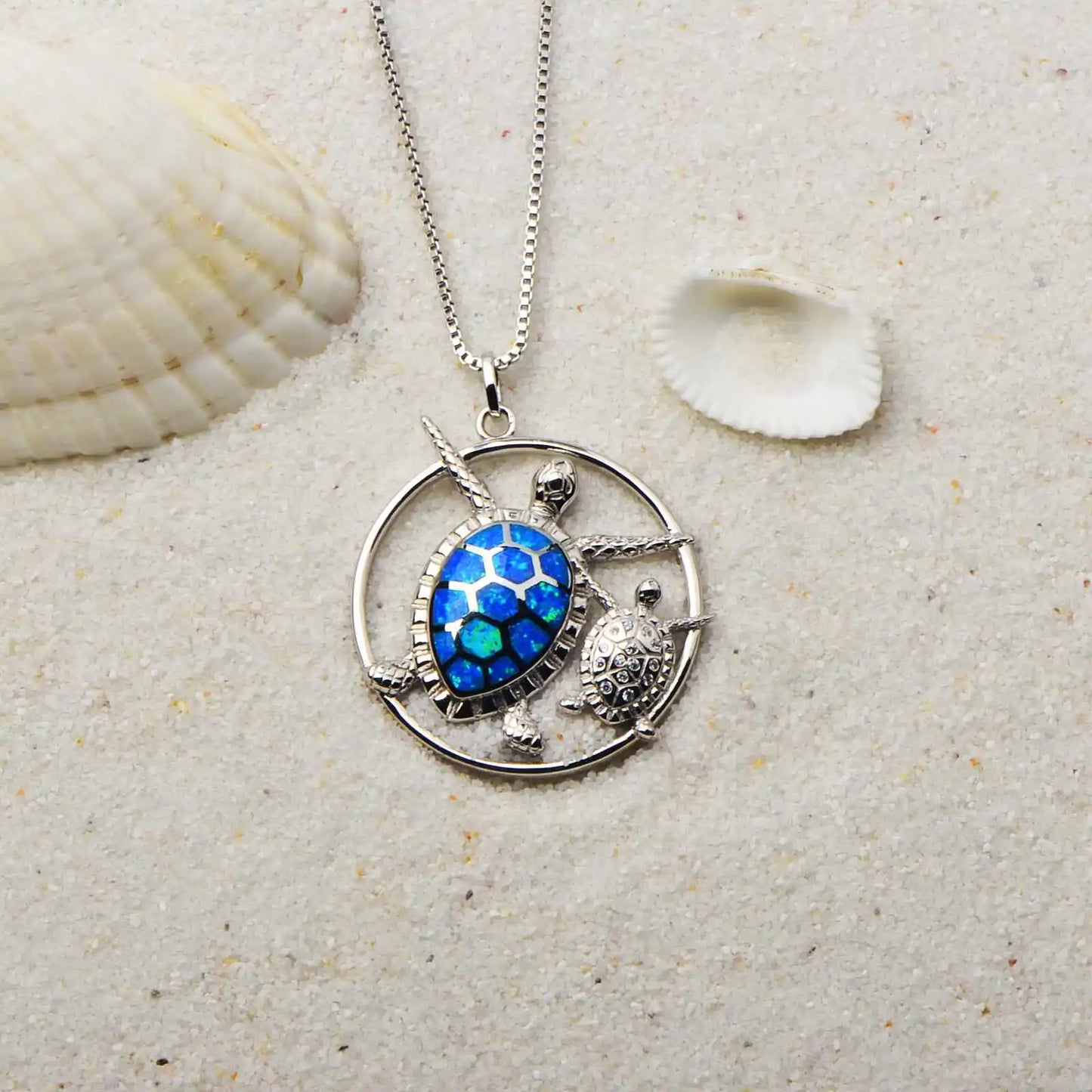 Minimalist Silver Turtle Pendant with Blue Opal | Delicate Copper Box Chain Lariat Necklace-Ladies Gift