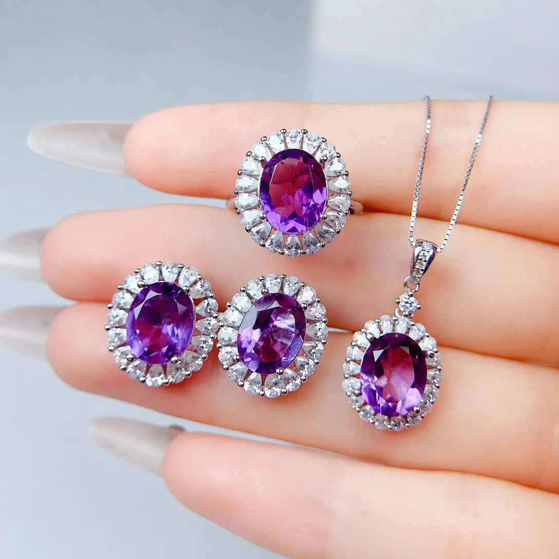 ArtistA Natural Amethyst Jewelry Set with 925 Sterling Silver for Women Oval Shape Purple Gemstone Ring Pendant Earrings Fine Jewelry