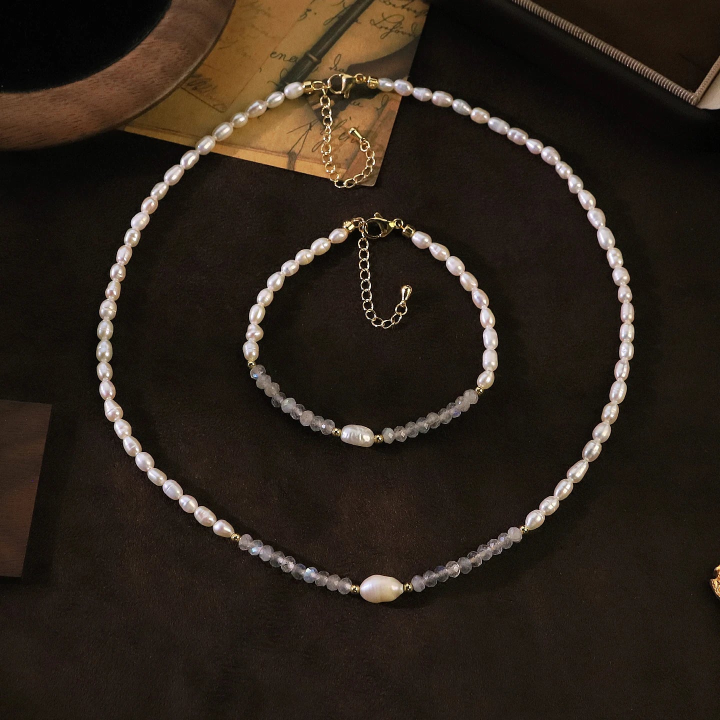 GLSEEVO Natural Freshwater Pearl & Moonstone Necklace & Bracelet Set — Minimalist Bridal Jewellery