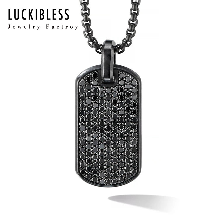 Stainless Steel Black Dog Tag CNC Zircon Diamond Pendant Necklace Mens Jewelry