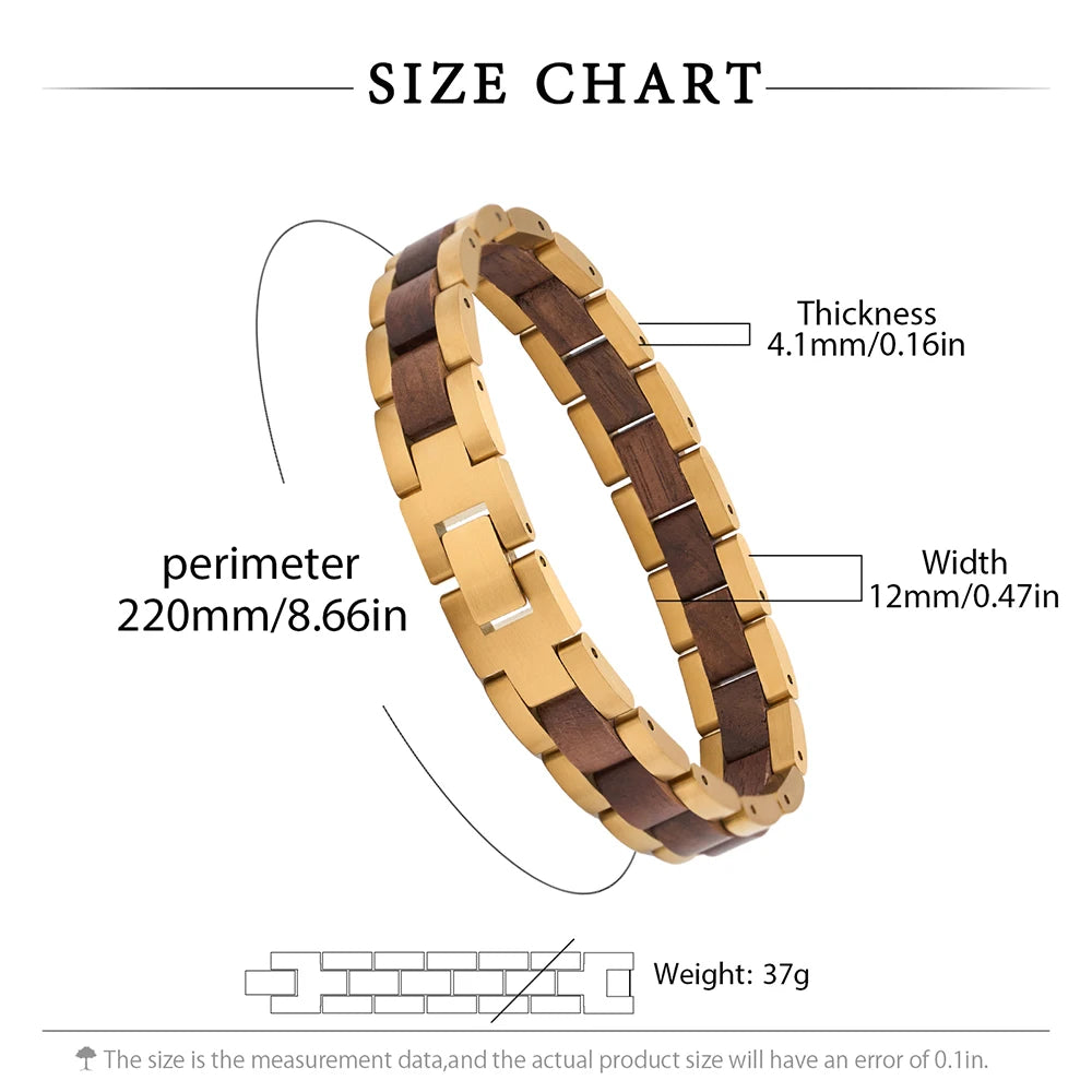 REBEL Handmade Unisex Natural Walnut Wood Luxury Trendy Gift Jewelry & Gold Stainless Steel Chain & Link Bracelet