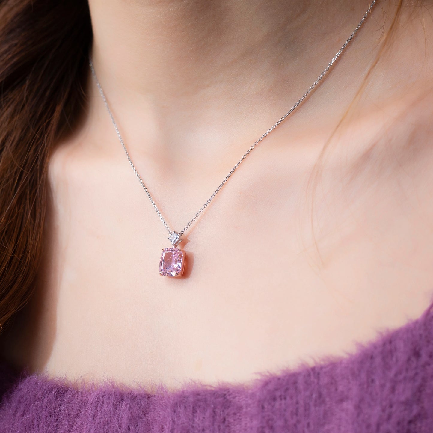 Messi Jewelry MSN-658  5 Carat Carbon Diamond Pink Necklace Cubic Zirconia Cushion Princess Silver Pendant for Daily Decorations