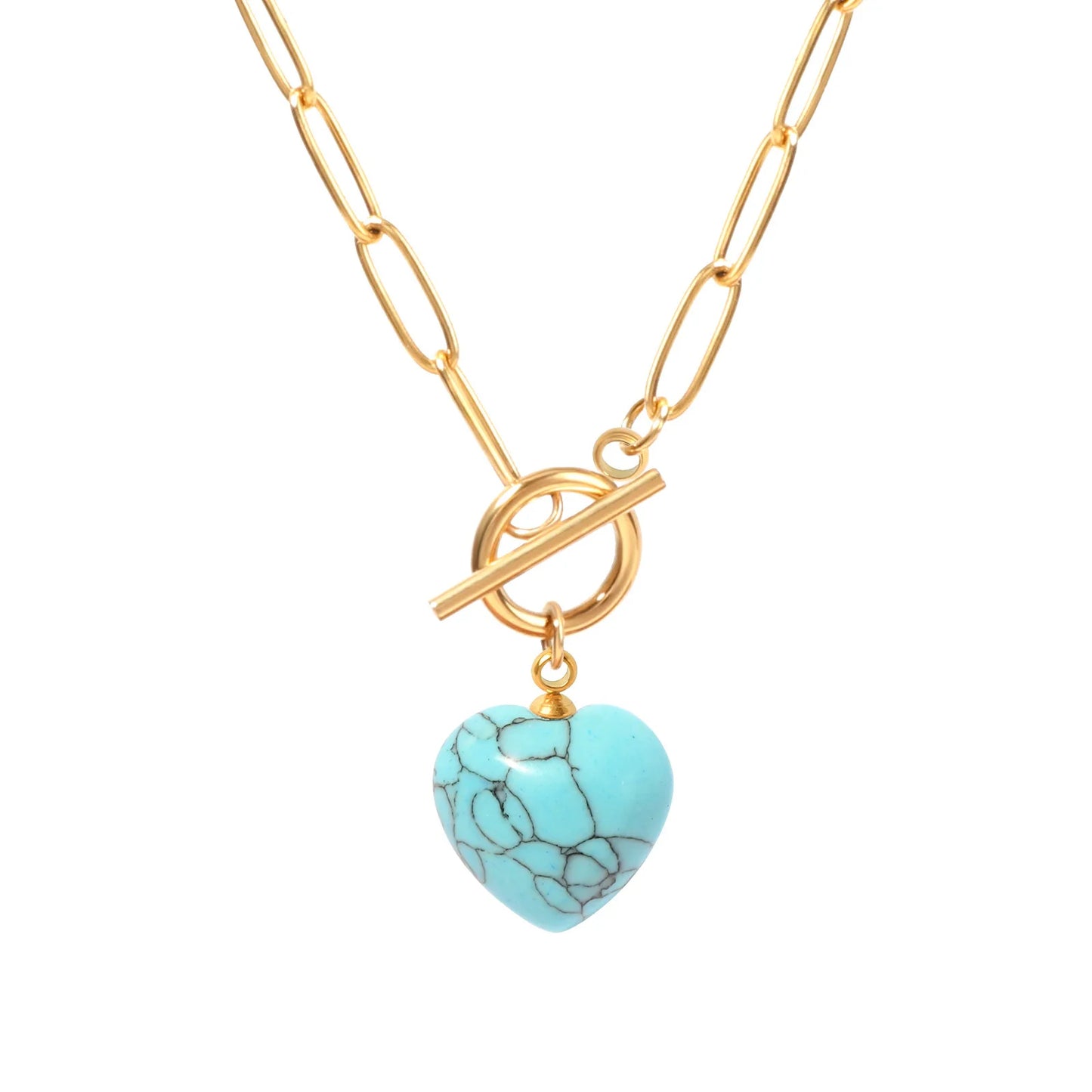 Natural Stone Stainless Steel Heart Pendant Necklace Necklace