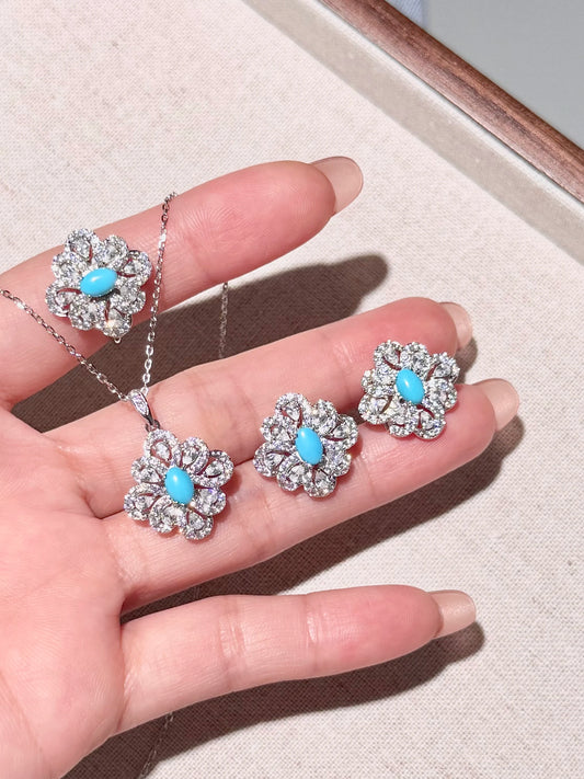UM Jewelry 925 Sliver North African Oasis Turquoise and White Zircon Jewelry set(Earrings+Pendant+Ring) For Unisex Daily Wear