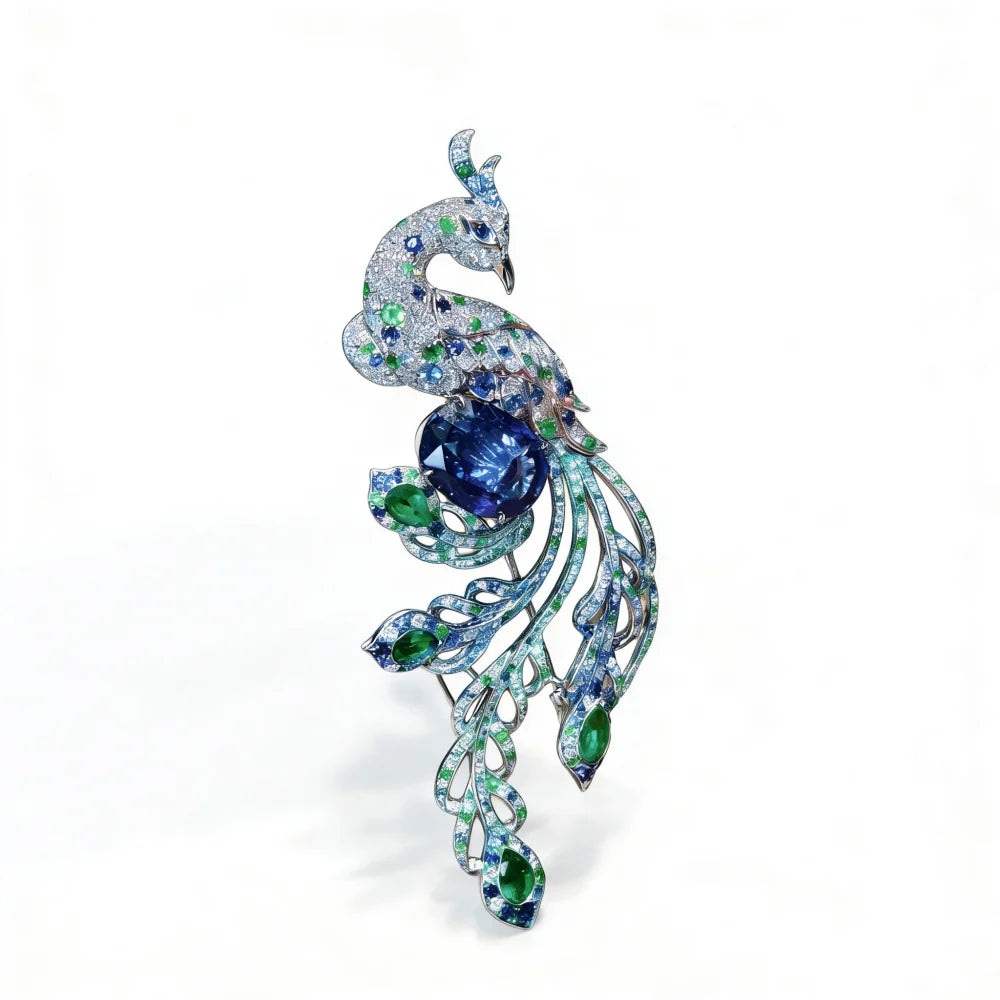 Gemfiori Auspicious Phoenix Multi-gemstone Women's 18K Solid Gold Sapphire Brilliant Cut 3-in-1 Brooch Pendant Bracelet Luxury Wedding