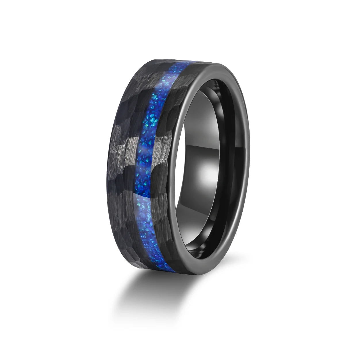 OAHLAN Fashion Jewelry 8mm Blue Opal Inlaid Hammered Pattern Anti Rust Tungsten Carbide Rings for Men Engagement Anniversary