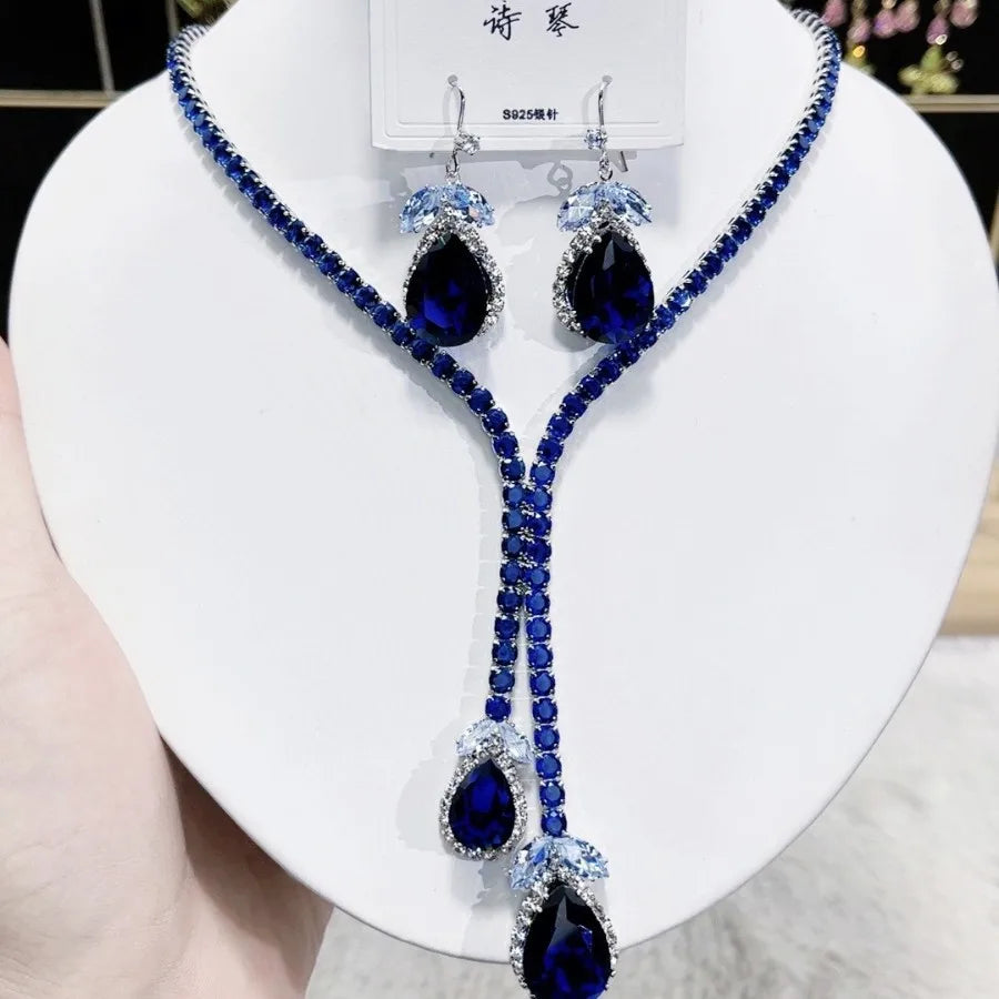 K070 Hot Selling Women Trendy Luxury Water Drop Zircon Bridal Necklace Earrings Set Wedding Elegant Jewelry Set
