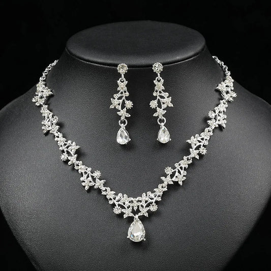 Korean Bridal Floral Drop Pendant Necklace & Earrings Set | Crystal Clavicle Chain Silver & Gold