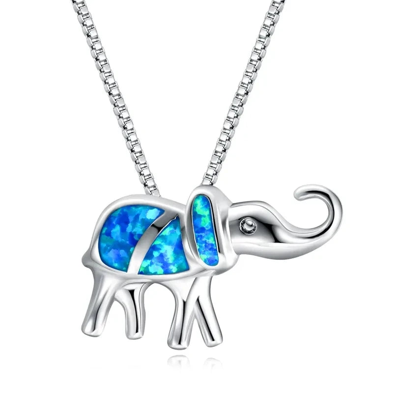 Dainty Opal Elephant Necklace - Handcrafted Silver Plated CZ-Embedded Animal Jewelry Bulk