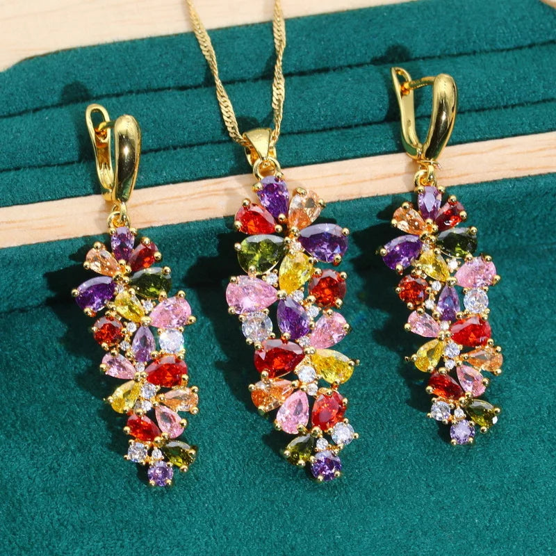 XOTICA Exquisite Multi-Zircon Gold Color Jewelry Set for Women for Weddings Parties-Includes Bracelet Earrings Pendant Ring Gift