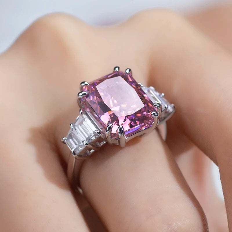 Messi Jewelry MSR-959 High Carbon Cubic Zircon Pink Diamond Ring Jewelry S925 Radiant Cut  Engagement Wedding Ring