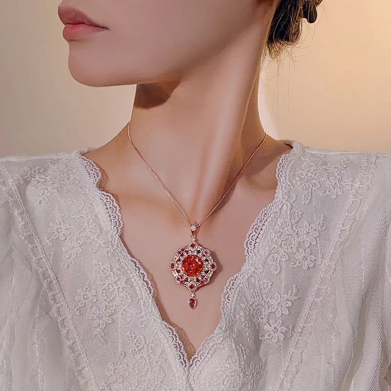 REDheart Fashion Vale Women's Copper Zircon 18K Gold Plated Flower Shape Necklace Accessories Brilliant Cut Orange Tassel Rose Gold