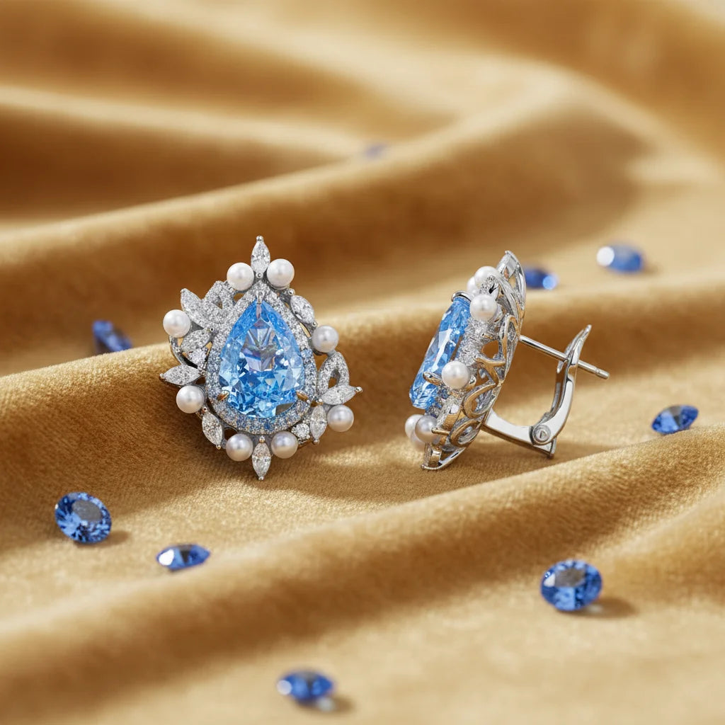 MUSHAN Jewelry Factory 925 Sterling Silver Stud Earrings Luxury HCD Aquamarine Synthetic Sapphire Ear Pin Earrings Stud Jewelry