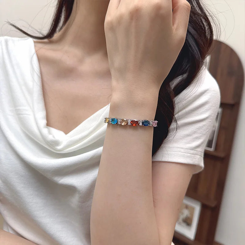 Hip Hop Korean Style Jewelry Oval Cut AAA Cubic Zirconia Blue Bracelet for Women Wedding Party Engagement Simple Versatile Gift