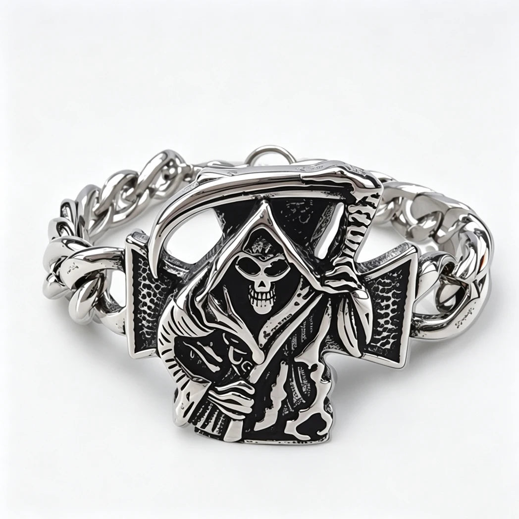 Vintage Men's Stainless Steel Bracelet Gothic Skull Celtic Knot Cross Cuban Chain Woven Braid Street Style Jewelry Gift