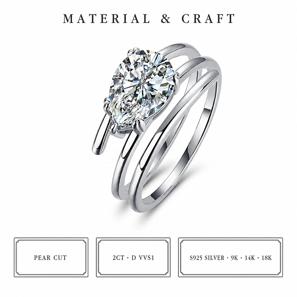Gioiellieri IGI Certified Trendy Pear Cut Lab Grown Diamond Ring 2CT D VVS1 Solitaire With Plain Band 9K 10K 14K 18K Gold Women Fine Jewelry