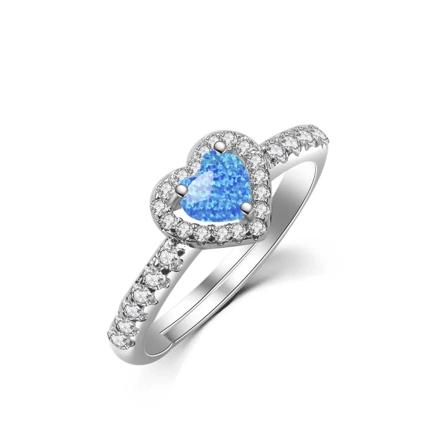 Romantic Heart Opal Promise Ring - Blue Fire Opal Center & CZ Halo Design | Dainty Daily Jewelry Bulk Gifts