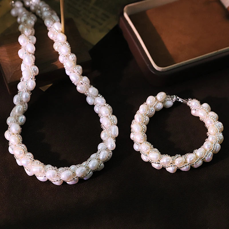 GLSEEVO Hand-Woven Natural Freshwater Pearl Necklace & Bracelet Set — Luxury Bridal Jewellery