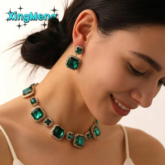 XM S90 New Luxury Crystal square Gemstone Jewelry Set Necklace Wedding Party Rhinestone Necklace Earring Set