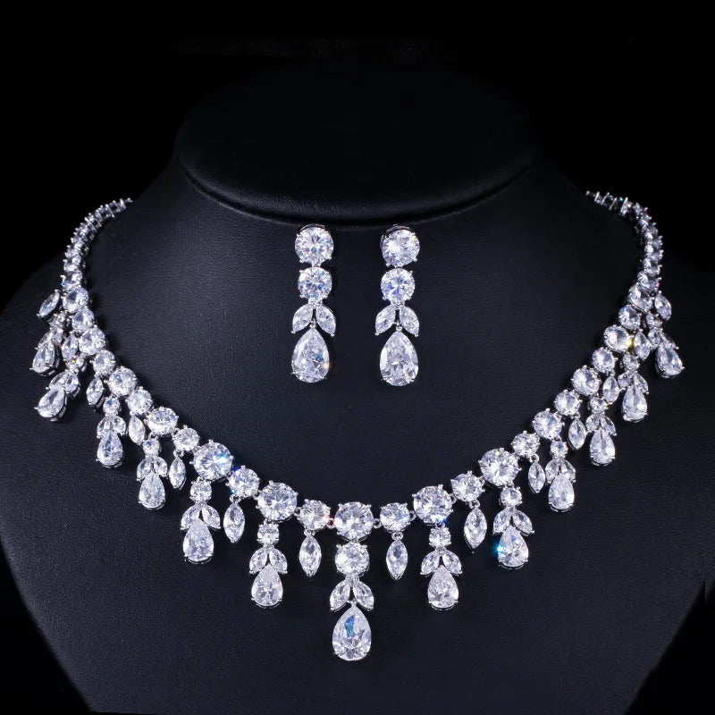 Luxury Dark Blue Women Wedding Party Dress Jewellery Big Dangle Drop Bridal CZ Necklace Earrings Jewelry Sets