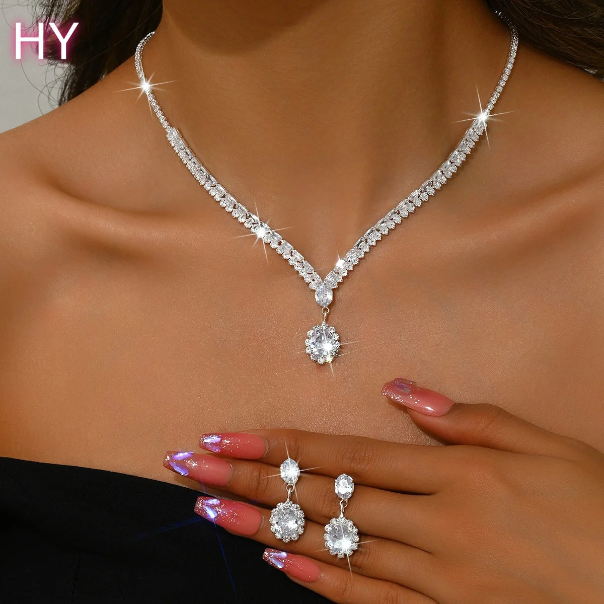 HY Women's European American Style Light Luxury Teardrop Zircon Alloy Electroplated Necklace Earring Two-Piece Jewelry Set