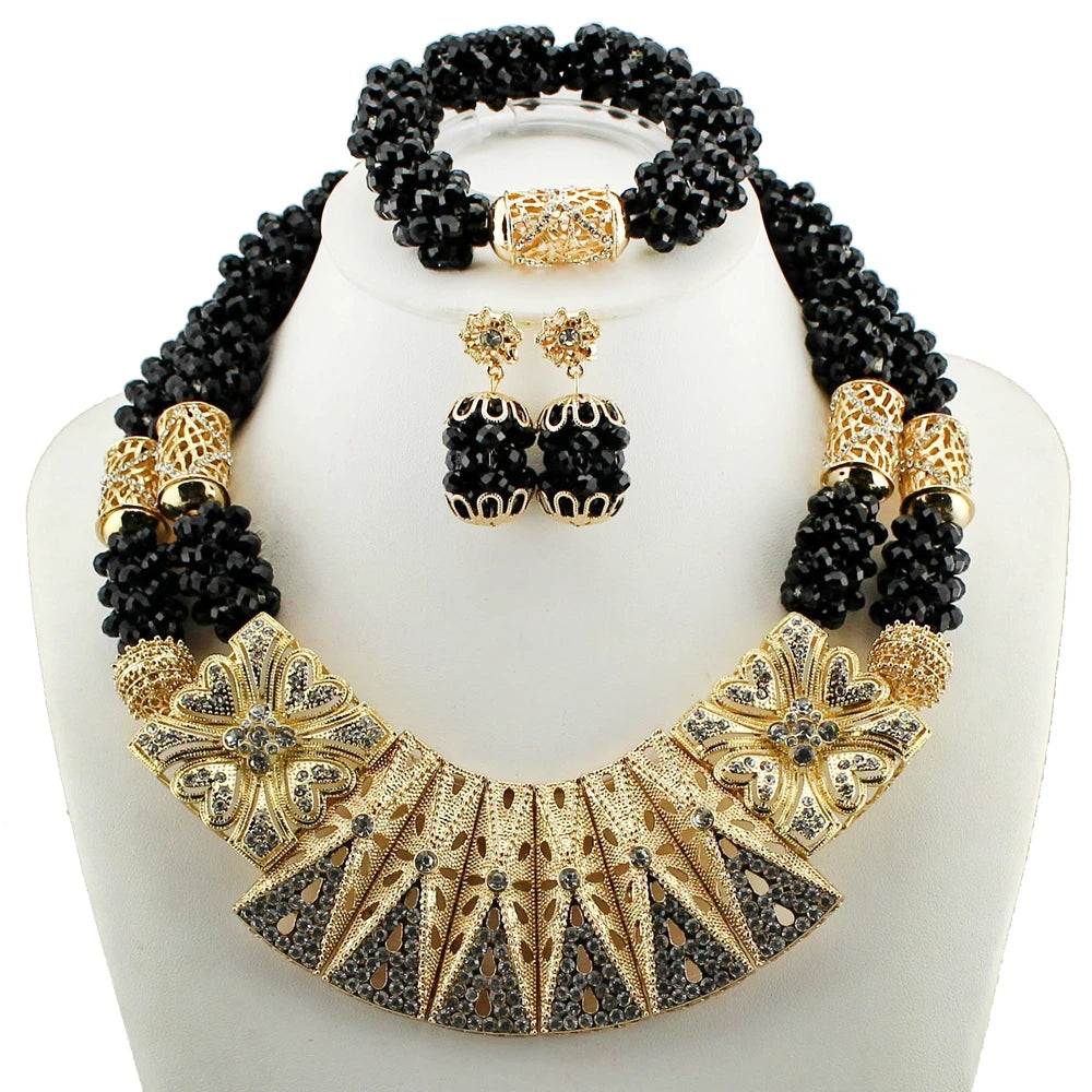 Zhuerrui Luxurious Nigerian Traditional Red Bead Necklace and Earring Set Gold-Plated African Bridal Wedding Jewelry YL167