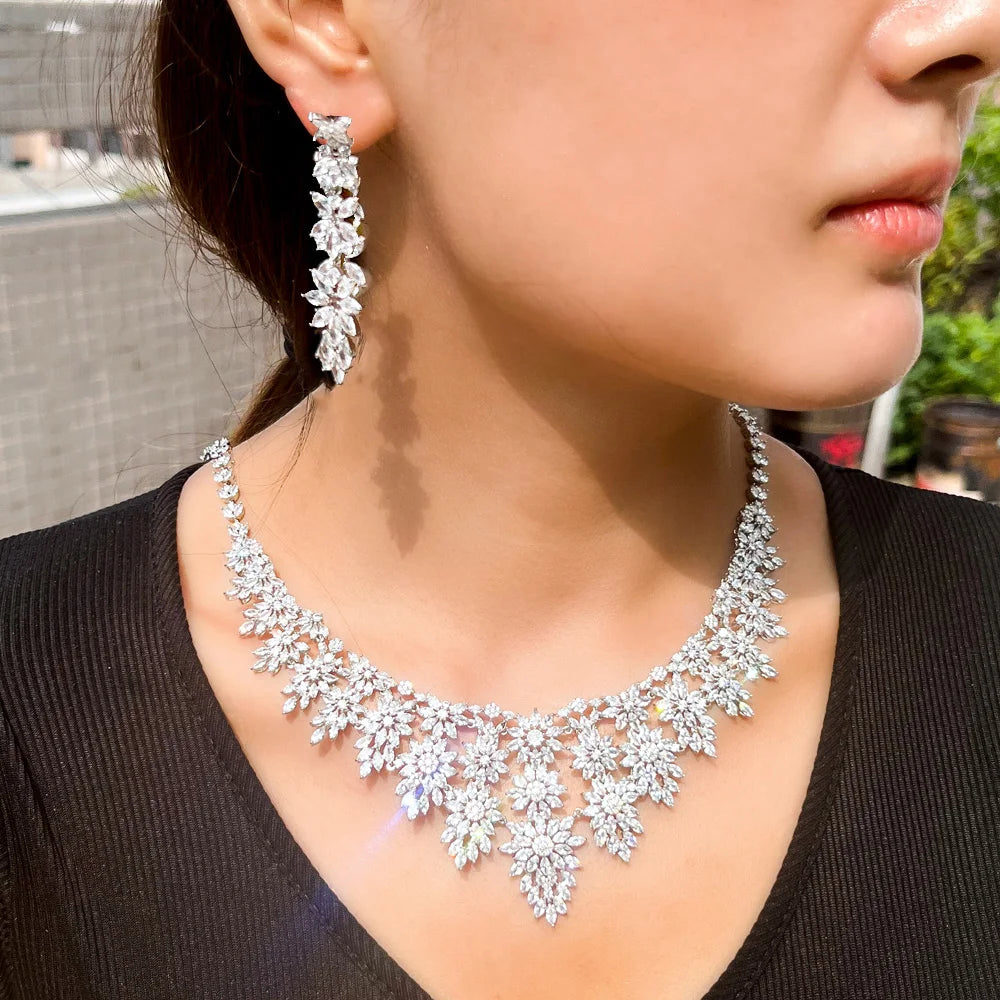 Luxury Big Statement Heavy Cubic Zirconia Women's Long Tassel Wedding Necklace and Earrings Pageant Jewelry Sets for Brides