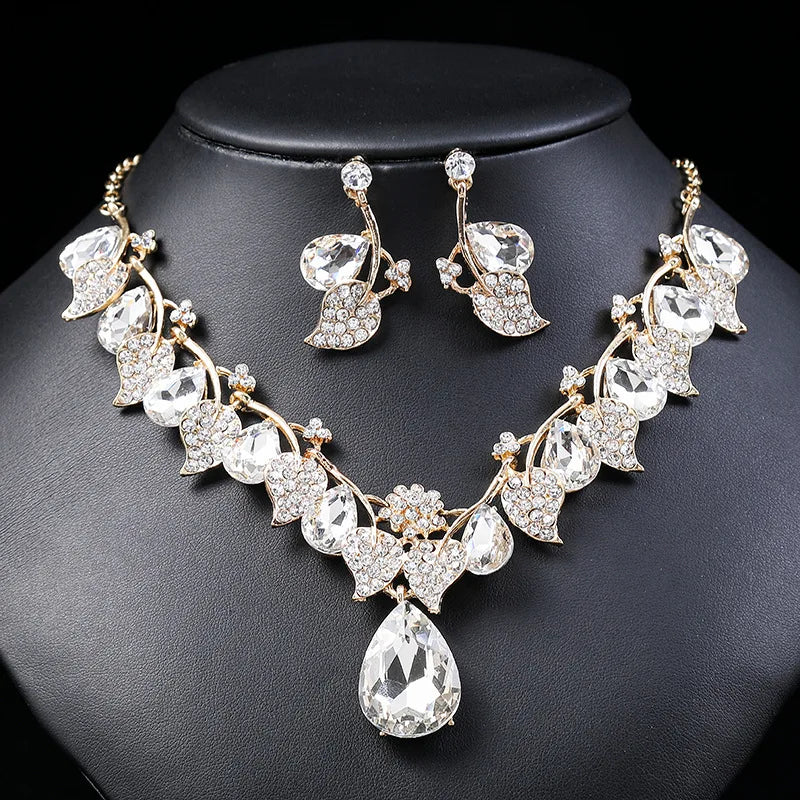 Leaf & Crystal Geometric Necklace & Earrings Jewellery Set | Retro Vintage Fashion Set