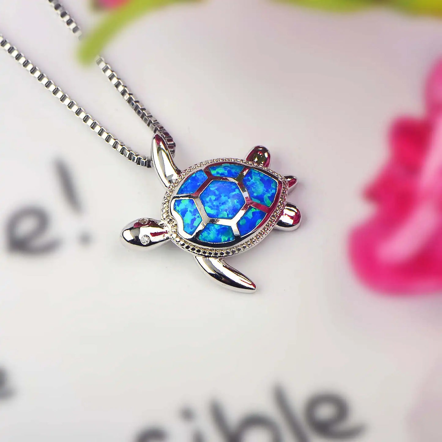 Aobao Christian Copper Silver Plated Blue Opal Animal Turtle Necklace Link Chain Minimalist Pendant for Women Gift