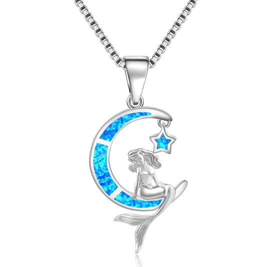Trendy Blue Opal Mermaid Necklace - Elegant European Style Pendant Chain for Women's Fashion Jewelry