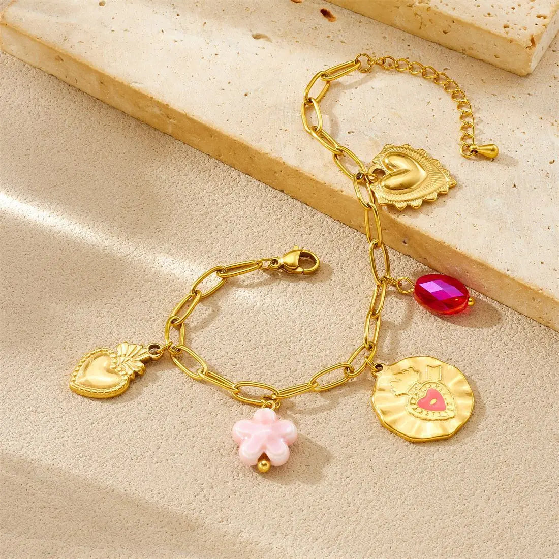 Gold Sacred Heart Charm Necklace & Bracelet Set — Stainless Steel Maximalist Jewellery
