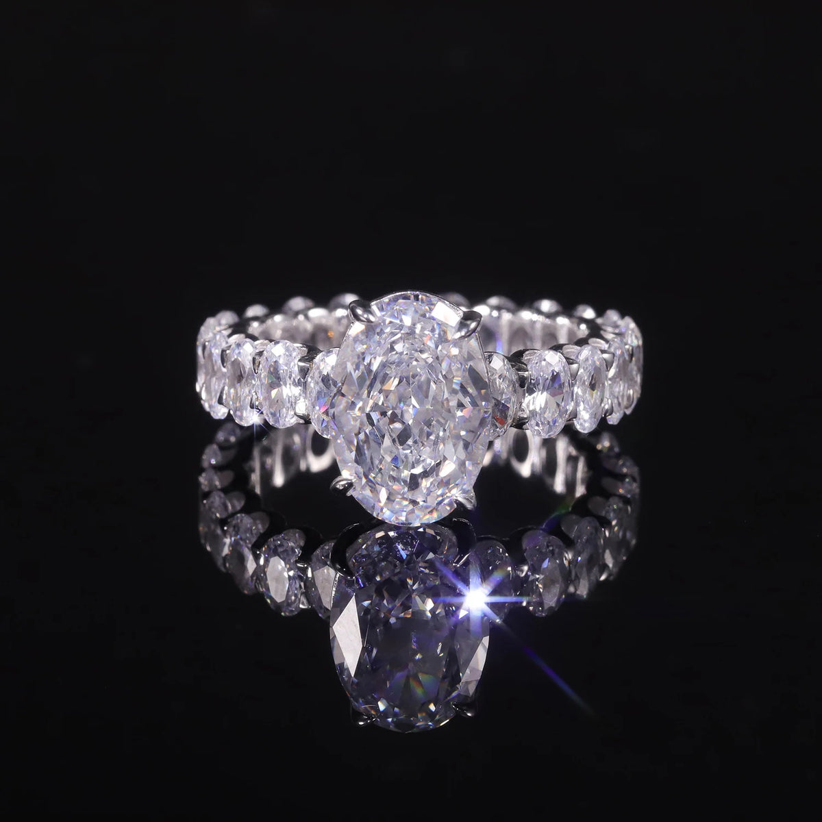 Gemfiori AR499 Abiding Simulated Diamond Iced Cut Oval Cut 9x13MM Cubic Zirconia Cz Hip Hop Full Eternity Ring 925 Sterling Silver Ring