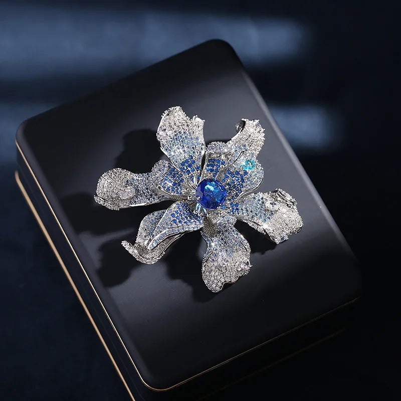 3D Flower Zircon Brooch Heavy Duty Luxury Clothes Fixed Lapel Pin High Grade Elegant Accessories for Coat Overcoat Evening Dress