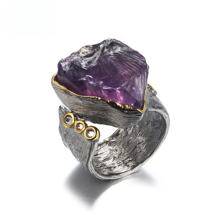 Impressive Look Big Amethyst Stone 925 Sterling Silver Handmade Ring With White Zircon Wholesaler